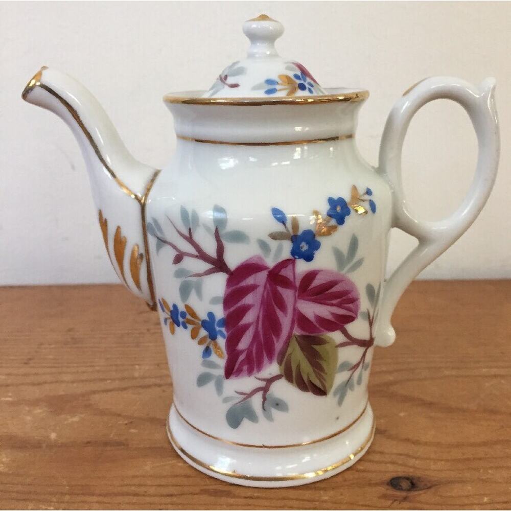 Vtg Blue Pink Floral Leaves Gold Trimmed White Porcelain Personal Tea Pot Small